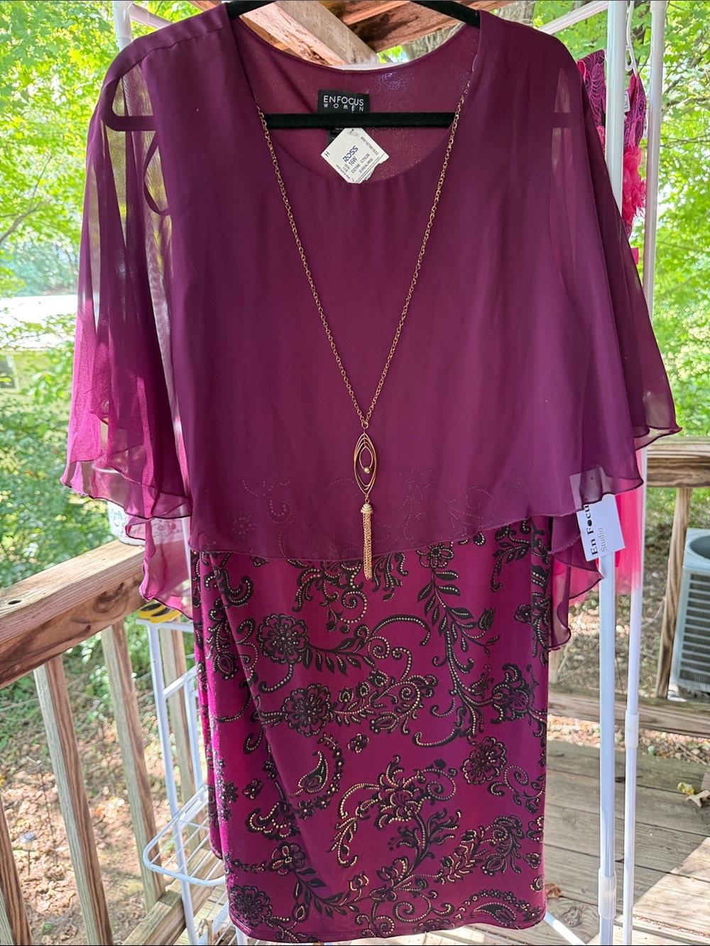 NWT Enfocus Women’s 16 W  Plum Overlay Midi Dress all one piece with necklace